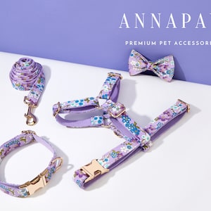 Floral Dog Harness with Customized NamePlate, Personalised Harness with Name Engraved, Soft Luxury Harness Bow tie Flower Collar Set