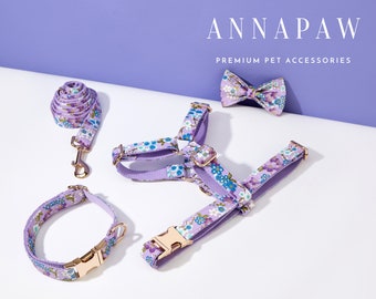 Floral Dog Harness with Customized NamePlate, Personalised Harness with Name Engraved, Soft Luxury Harness Bow tie Flower Collar Set