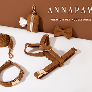Coffee  Corduroy Dog Harness and Leash Collar Bow Set, Personalised Girl Harness with Name Engraved,Soft Luxury Harness Bow tie Collar
