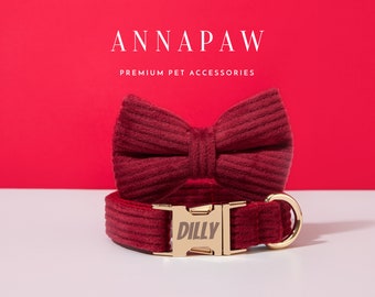 Custom Burgundy Corduroy Puppy Collar Bow tie Set, Fancy Dog Lead Collar with Bow, Collar for Wedding Gift,Free Engraved Name on Dog Collar