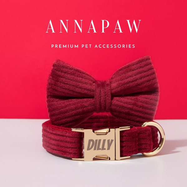 Set di papillon con collare di cucciolo di velluto a coste bordeaux personalizzato, collare di piombo per cani fantasia con fiocco, collare per regalo di nozze, nome inciso gratuito sul collare di cane