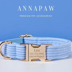Personalized Blue Corduroy Dog Collar Leash Set,Luxurious Dog Collar Bowtie Set, Collar for Wedding Gift,Free Engraved Name on Puppy Collar