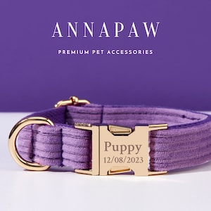 Purple Corduroy Dog Collar Bowtie Set,Personalized Corduroy Dog Collar and Leash, Collar for Wedding Gift,Free Engraved Name on Puppy Collar