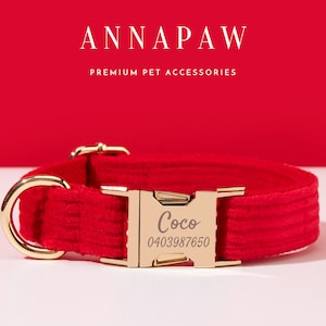 Personalized Red Corduroy Dog Collar Bow Set,Fancy Puppy Lead Collar Bow,Handmade Dog Collar for Wedding Gift,Engraved Name on Dog Collar