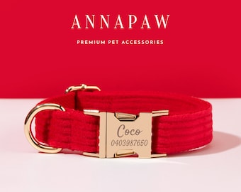 Personalized Red Corduroy Dog Collar Bow Set,Fancy Puppy Lead Collar Bow,Handmade Dog Collar for Wedding Gift,Engraved Name on Dog Collar