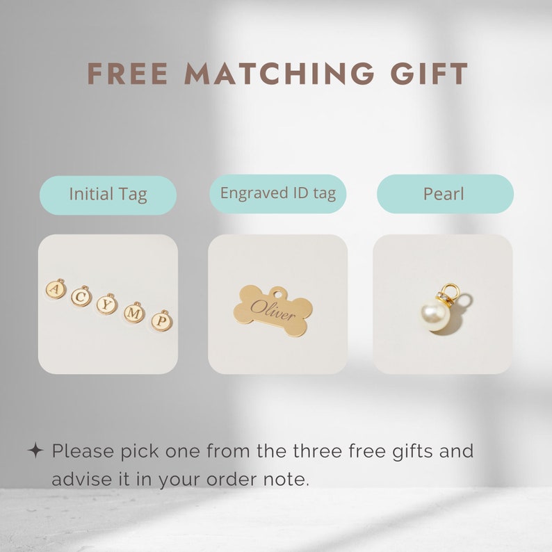 May include: Three free gift options for a pet collar: a gold initial tag with letters A, C, Y, M, and P, a gold bone-shaped engraved ID tag with the name "Oliver", and a white pearl charm.