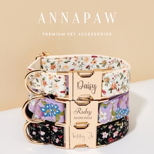 Handmade Floral Dog Collar with Personalized Tag, Flower Dog Collar and Leash with Bow, Collar for Wedding Gift, Engraved Name on Dog Collar