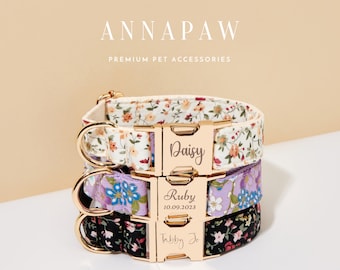 Handmade Floral Dog Collar with Personalized Tag, Flower Dog Collar and Leash with Bow, Collar for Wedding Gift, Engraved Name on Dog Collar