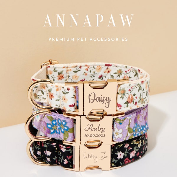 Handmade Floral Dog Collar with Personalized Tag, Flower Dog Collar and Leash with Bow, Collar for Wedding Gift, Engraved Name on Dog Collar