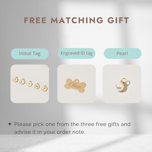 May include: Three free gift options for a pet collar: a gold initial tag, a gold engraved ID tag with the name "Oliver", and a white pearl.