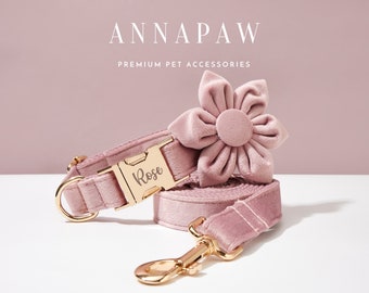 Fancy Dusty Pink Samt Welpen Kragen Leinen Set, personalisierte Hundehalsband Fliege Set für Geburtstagsgeschenk, handgemachte gravierte Hundehalsband Leine Schleife