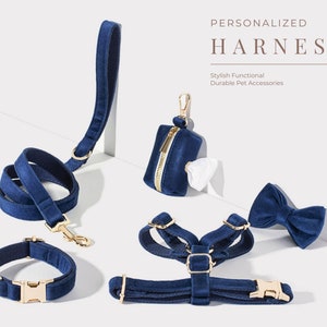 Dark Blue Dog Harness+Leash+Collar+Bow tie+Poo Bag Holder Set, Personalised Step in Harness Fancy Luxury Velvet with Engraved Nameplate