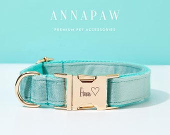 Personalized Aqua Velvet Dog Collar Bowtie Set,Handmade Puppy Collar Leash Bowtie For Wedding Gift,Fancy Engraved Dog Collar