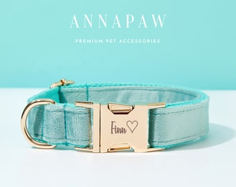 Personalisierte Aqua Samt Hundehalsband Fliege Set, handgemachte Welpen Kragen Leine Fliege für Hochzeitsgeschenk, ausgefallene gravierte Hundehalsband