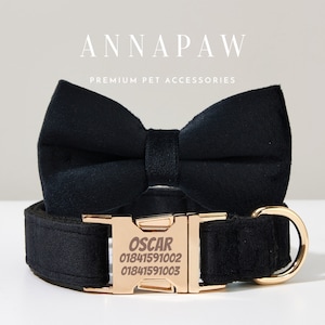 Classic Black Velvet Puppy Collar Leash Set,Personalized Dog Collar Bowtie Set For Birthday Gift,Handmade Engraved Dog Collar Leash Bow image 1