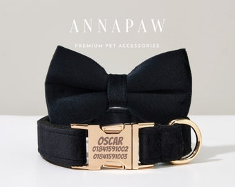 Klassieke zwart fluwelen puppy halsband riem set, gepersonaliseerde halsband vlinderdas set voor verjaardagscadeau, handgemaakte gegraveerde halsband riem boog