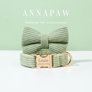Sage Green Corduroy Dog Collar Bowtie Set,Personalized Corduroy Dog Collar and Leash, Collar for Wedding Gift,Free Engraved on Dog Collar