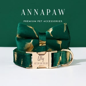 Conjunto de laço de coleira de cachorro personalizada com penas de ouro verde, coleira de cachorro com nome gravado, coleira de cachorro personalizada para meninos, gravata borboleta de coleira de cachorro para presente de casamento