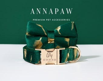 Grün Gold Feder Personalisierte Hundehalsband Schleife Set, Hundehalsband mit Namen graviert, kundenspezifisches Jungenhundehalsband, Hundehalsband Schleife für Hochzeitsgeschenk