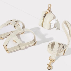 Creamy White Puppy Harness Set with Name Engraved,Dog Harness Dog Leash Dog Poo Bag Carrier for Wedding Gift,Custom No Pull Dog Harness Set