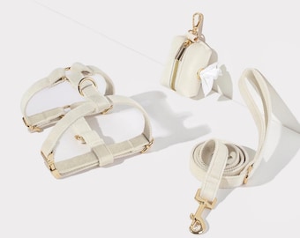 Creamy White Puppy Harness Set with Name Engraved,Dog Harness Dog Leash Dog Poo Bag Carrier for Wedding Gift,Custom No Pull Dog Harness Set