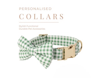 Green Check Personalised Dog Collar Bow Set, Puppy Collar with Name Engraved, Custom Boy Dog Collar, Plaid Dog Collar