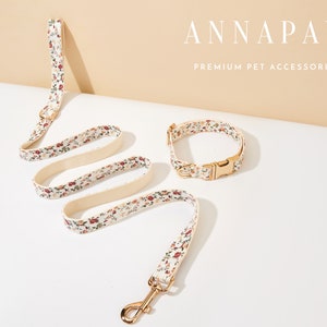 Personalized White Floral Dog Collar Leash,Custom Dog Collar Bowtie Set,Engraved Puppy Collar Bow For Wedding Gift,Free Name Engraved