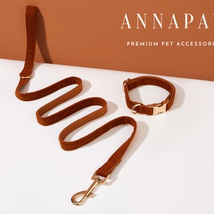Brown Corduroy Dog Collar Bow tie Set,Personalized Corduroy Dog Collar and Leash, Collar for Wedding Gift,Free Engraved Name on Puppy Collar