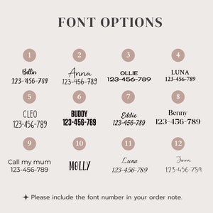 May include: A chart with 12 different font options for names and phone numbers. Each font is numbered 1 through 12. The text "Please include the font number in your order note." is at the bottom of the chart.