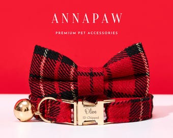 Handmade Red Tartan Cat Name Collar Bell,Custom Kitten Collar Bow for Christmas Gifts,Cute Pet Collar Leash for Cat Mom,Gifts for Her