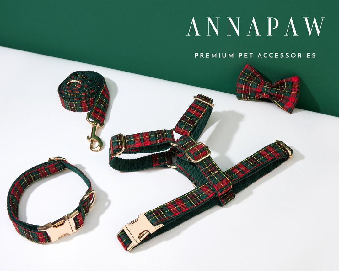 Scottish Tartan Dog Harness and Leash Collar Bow Set, Personalised