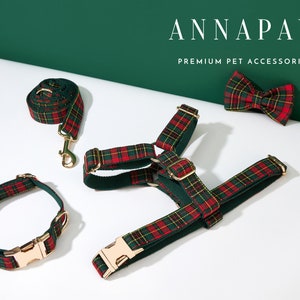 Scottish Tartan Dog Harness and Leash Collar Bow Set, Personalised Harness with Name Engraved, Boy Dog Harness Bow tie Collar Set