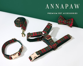 Scottish Tartan Dog Harness and Leash Collar Bow Set, Personalised Harness with Name Engraved, Boy Dog Harness Bow tie Collar Set