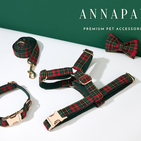 Schottisches Tartan Hundegeschirr und Leine Collar Bow Set, Personalisiertes Geschirr mit Namensgravur, Boy Dog Harness Bow tie Collar Set