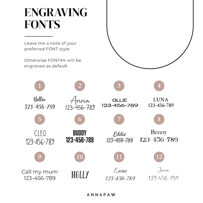 May include: A white graphic with the text "ENGRAVING FONTS" and a selection of font styles labeled 1-12. Each font style displays a name and a phone number. The text "Leave me a note of your preferred FONT style" is also included.