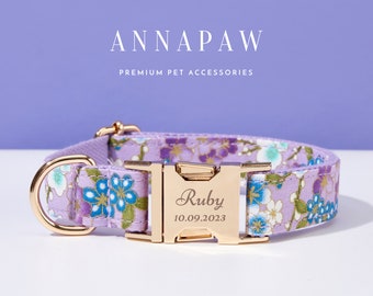 Fancy Purple Floral Puppy Collar Leash,Custom Dog Collar Bowtie Set,Engraved Puppy Collar Bowtie For Wedding Gift,Free Name Engraved