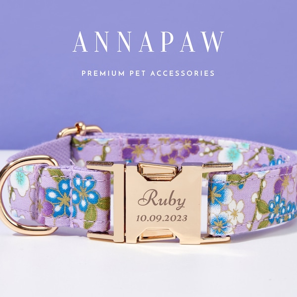 Fancy Purple Floral Puppy Collar Leash,Custom Dog Collar Bowtie Set,Engraved Puppy Collar Bowtie For Wedding Gift,Free Name Engraved