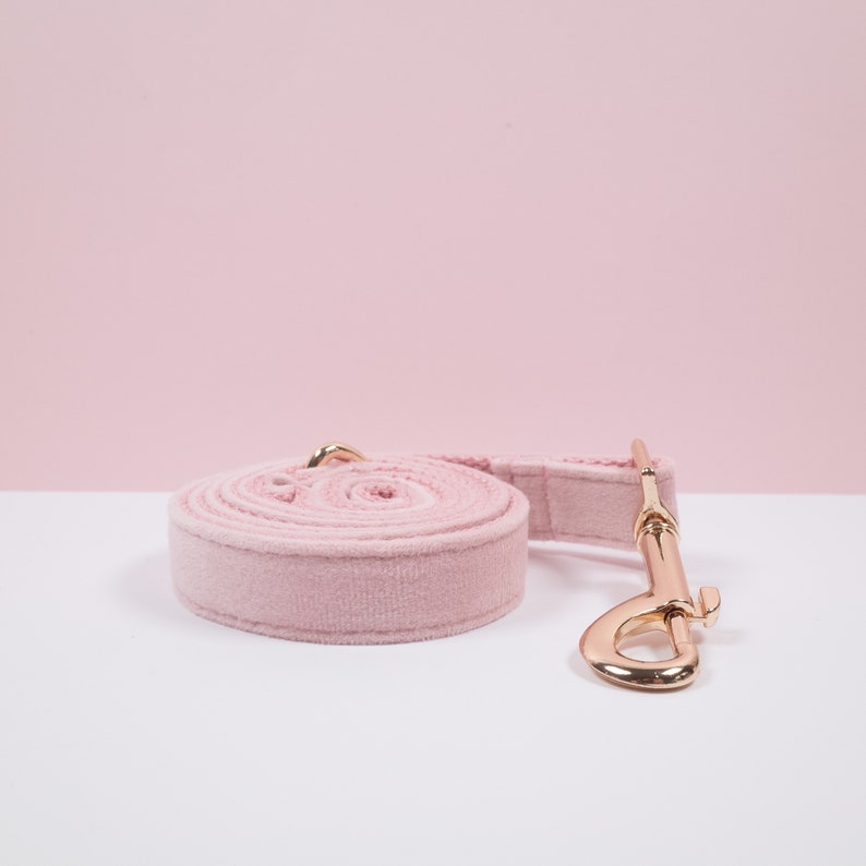May include: A rolled-up, light pink dog leash with a matching handle and a gold-colored metal clasp. The leash is made of a soft, velvety material. The background is a solid light pink.