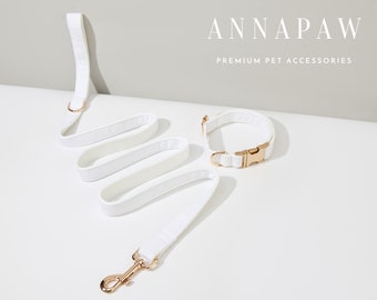 Custom White Velvet Dog Collar Bowtie Set,Handmade Puppy Collar Leash Set,Fancy Dog Collar Leash Bowtie For Wedding Gift,Engraved Dog Collar