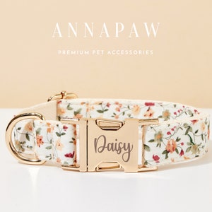 Personalized White Floral Dog Collar Leash,Custom Dog Collar Bowtie Set,Engraved Puppy Collar Bow For Wedding Gift,Free Name Engraved