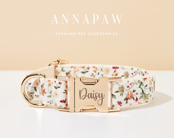 Personalized White Floral Dog Collar Leash,Custom Dog Collar Bowtie Set,Engraved Puppy Collar Bow For Wedding Gift,Free Name Engraved