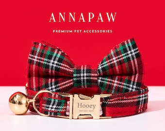 Handmade Red Plaid Kitten Collar Bell,Personalized Fabric Cat Collar Leash for Christmas Gifts,Cute Puppy Collar for Dog Dad,Gifts for Him