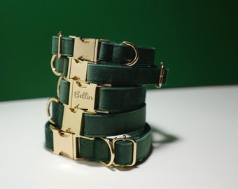 Groene fluwelen gepersonaliseerde halsband en riem vlinderdasset, gratis naamgravure