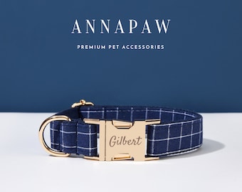 Handgefertigtes Blue Check personalisiertes Hundehalsband Bow Set, Welpen-Halsband mit Name eingraviert, Benutzerdefinierte Jungen-Hundehalsband, kariertes Hundehalsband