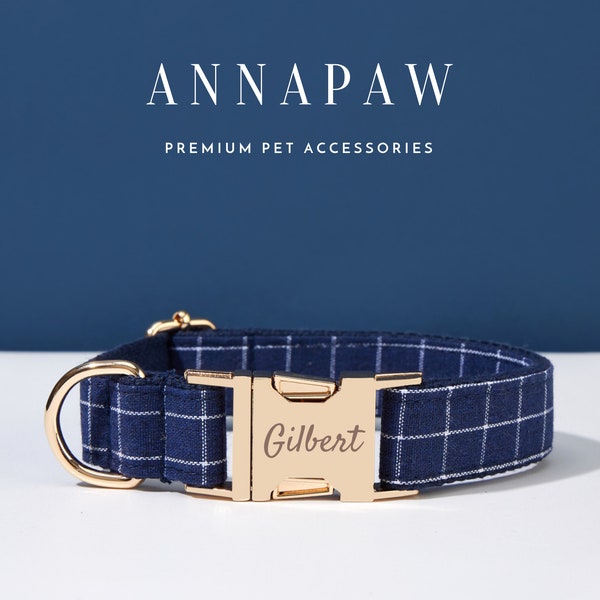 Handgefertigtes Blue Check personalisiertes Hundehalsband Bow Set, Welpen-Halsband mit Name eingraviert, Benutzerdefinierte Jungen-Hundehalsband, kariertes Hundehalsband