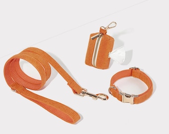 Personalised Dog Collar Leash with Poo Bag holder,Fancy Orange Corduroy Puppy Collar Leash Set,Handmade Dog Collar Leash For Birthday Gift