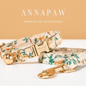 May include: A beige floral pet collar and matching leash set with gold-colored hardware. The collar features a gold buckle with engraved text. The leash is rolled up next to the collar. The brand name "ANNAPAW" and "PREMIUM PET ACCESSORIES" are displayed at the top.
