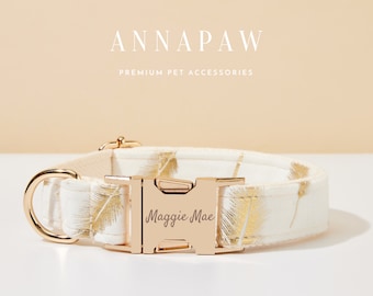 White Feather Print Personalized Dog Collar Bow Set,Puppy Collar with Name Engraved,Custom Boy Dog Collar,Dog Collar Bowtie For Wedding Gift