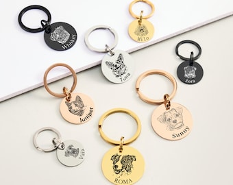 May include: A set of 10 personalized pet keychains with engraved names and images of dogs and cats. The keychains are made of metal and come in silver, gold, and black.