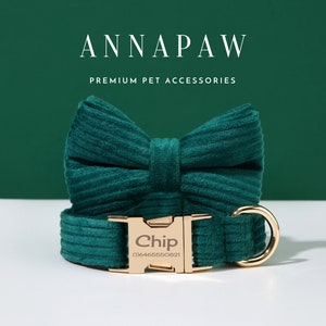 Emerald Dog Collar Bow tie Set, Personalized Corduroy Dog Collar and Leash, Collar for Wedding Gift,Free Engraved Name on Puppy Collar